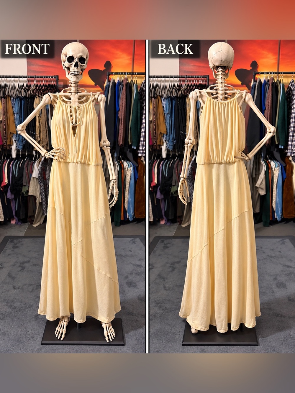 Reformation Pale Yellow Sleeveless Maxi Dress with Tie Neck